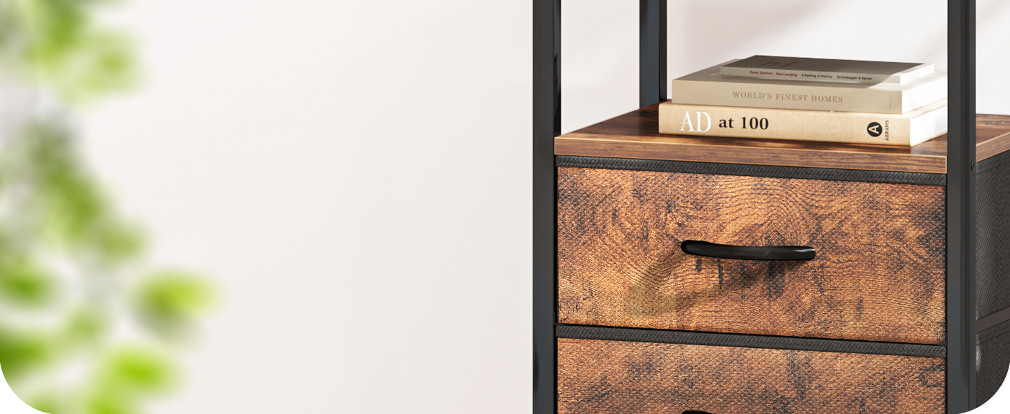 Nightstand with Charging Station, 27.6 Inch Side Table with Fabric Drawers