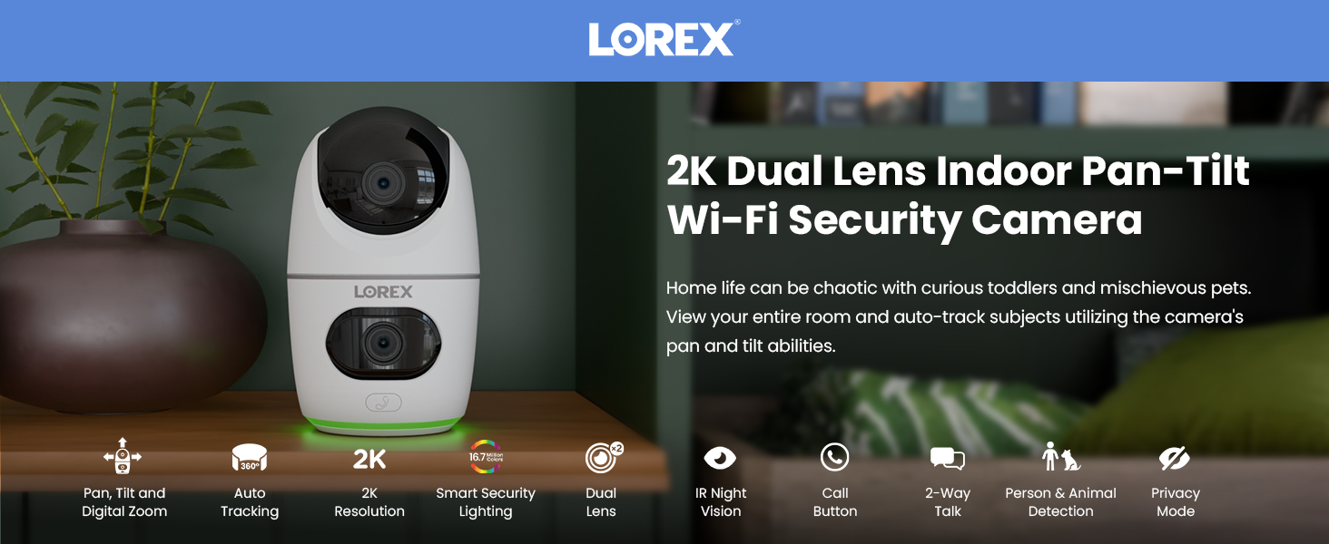 Lorex 2K Dual Lens Indoor Pan-Tilt Wi-Fi Security Camera (32GB)