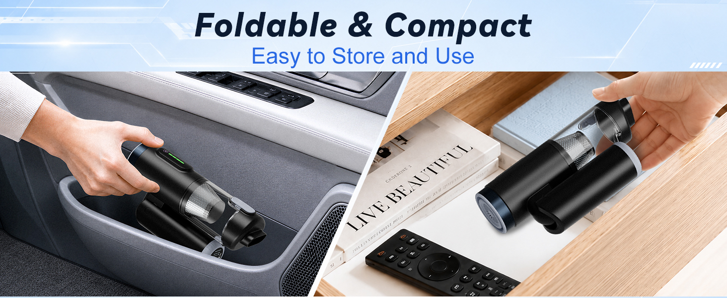 Compact foldable handheld vacuum for easy storage in cars trucks and SUVs