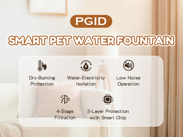 Pet water fountain with dry-burn protection, water isolation, and multi-stage filtration.