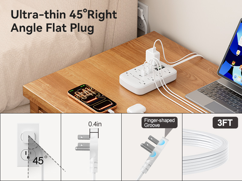 Short Extension Cord 3 Foot with 45 Degree Right Angled Ultra Thin Flat Plug