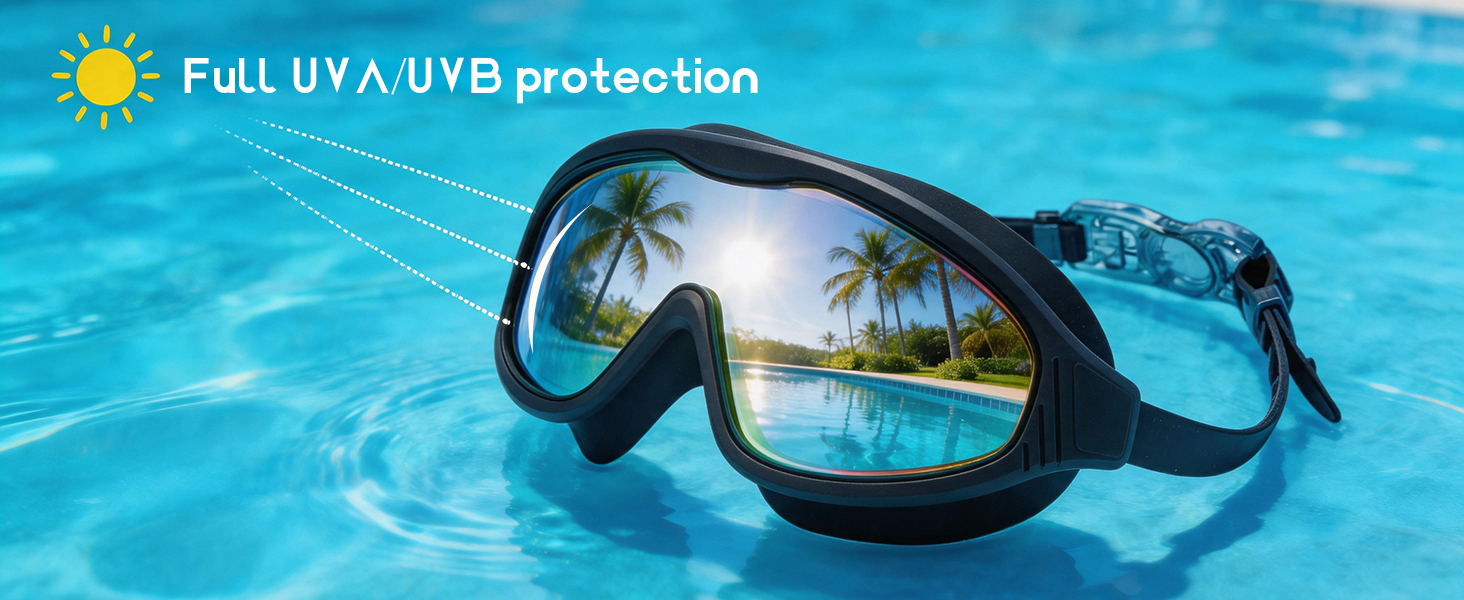 Text reads 'Full UVA/UVB protection'. Black diving/snorkeling goggles with dual lenses reflected in blue swimming pool water.