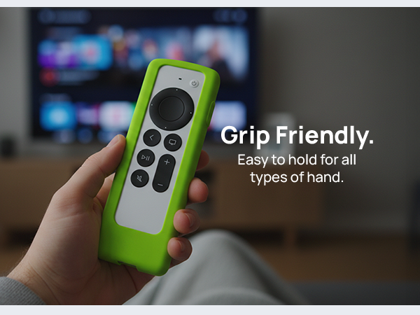 Hand holding Siri Remote with GripStand case, easy to grip and use in living room setting
