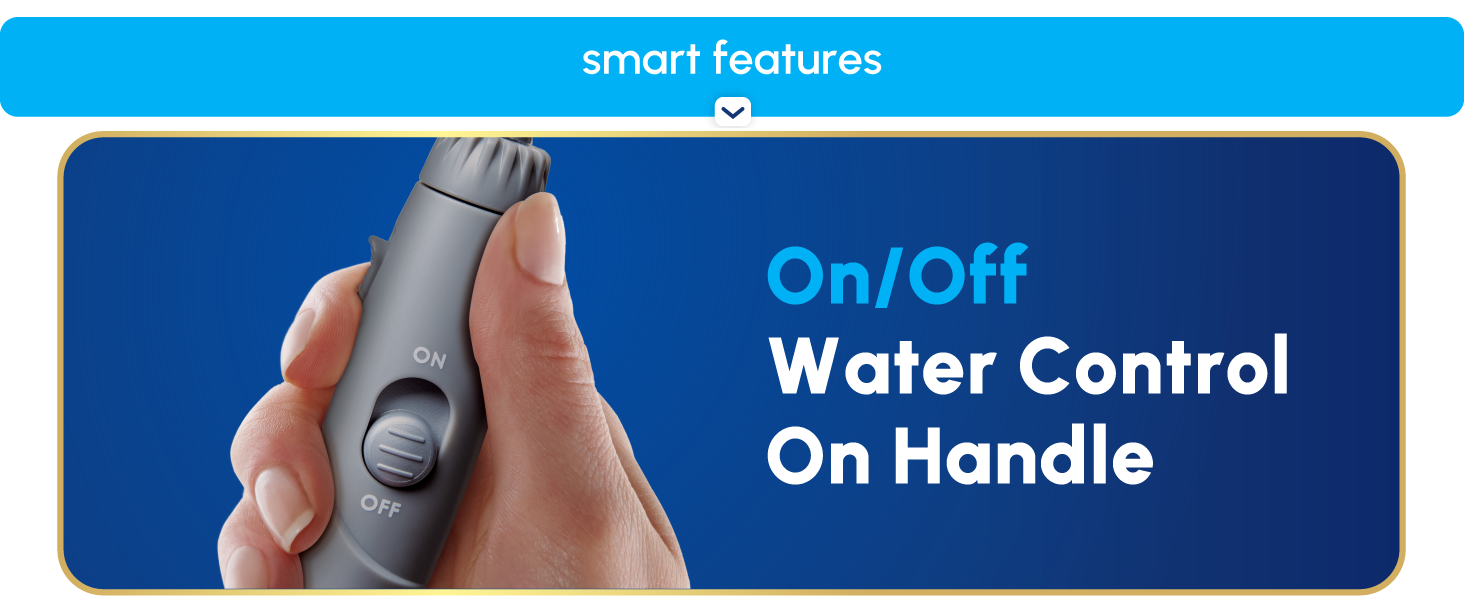 Image of Waterpik flosser with text reading on off water control on handle.