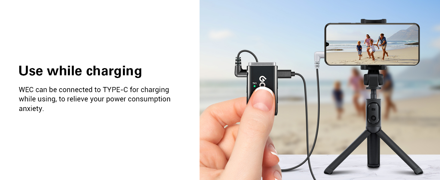 Smartphone tripod with charging capability. Left image shows device in use, right image demonstrates connecting charger while filming beach scene.