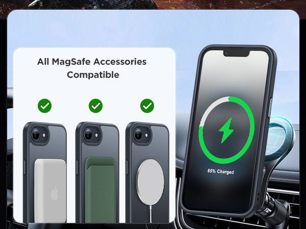Text reads 'All MagSafe Accessories' and 'Compatible'. Product comparison showing different MagSafe charging accessories with green checkmark indicators.