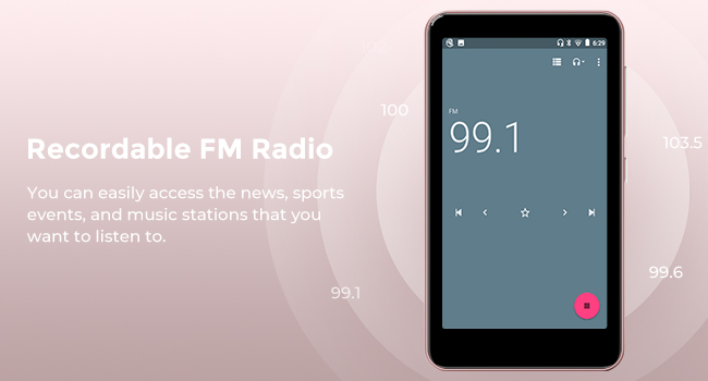 Text reads 'Recordable FM Radio 99.1'. Digital display showing FM radio interface on what appears to be a tablet or smart device screen.