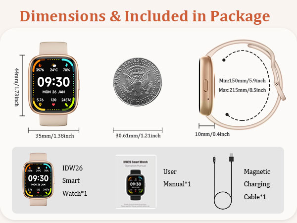 Smartwatch product specifications showing dimensions, display size, and package contents including watch, user manual, and magnetic charging cable. Coin for size comparison.