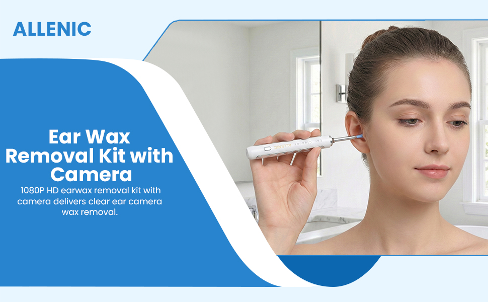 Ear wax removal kit with camera, white ALLENIC ear cleaner used by woman for safe HD ear cleaning