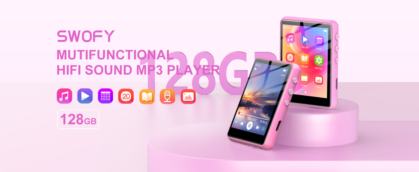 Pink 128GB MP3 player with multifunctional features, including HIFI sound. Device shown with colorful app icons on screen, alongside text 'SWOFY' and '128G'.