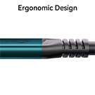 Text reads 'Ergonomic Design'. Close-up of a black textured handle or grip component showing ergonomic curves and ridges.