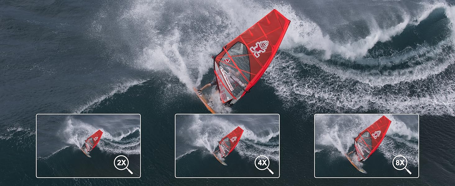 Windsurfer on red sail navigating large wave. Three smaller images below show zoomed-in views of the action.