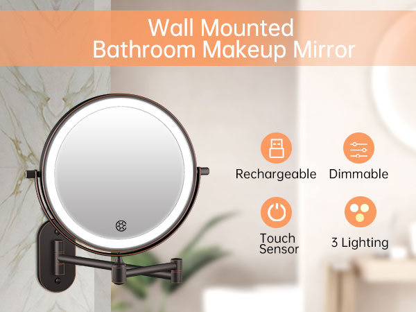 Rechargeable Wall Mounted Makeup Mirror with Lights