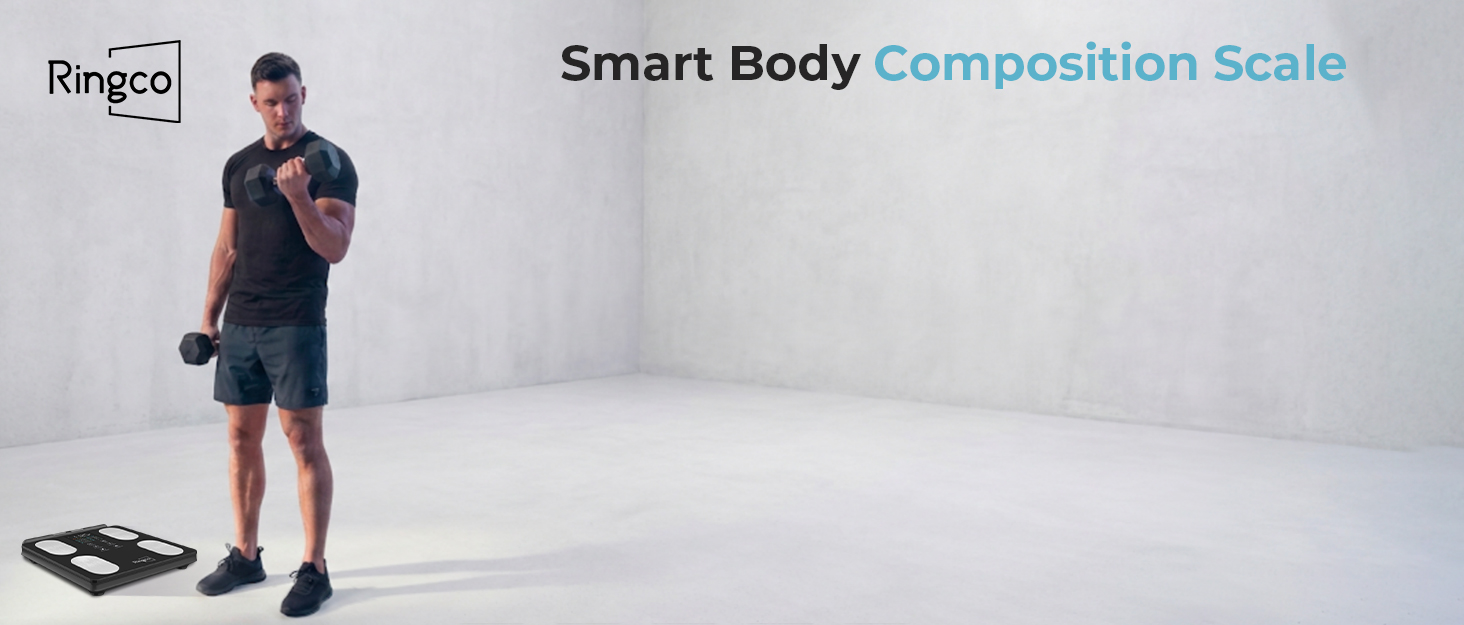 A man is working out with dumbbells, and an eight-electrode body fat scale is placed on the floor.
