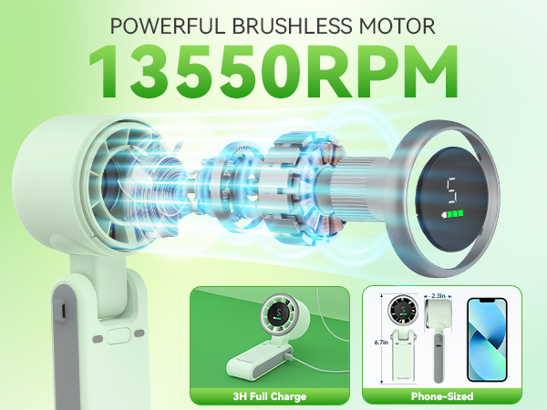 Powerful small fan brushless motor phone sized portable fan for travel compact green travel fans