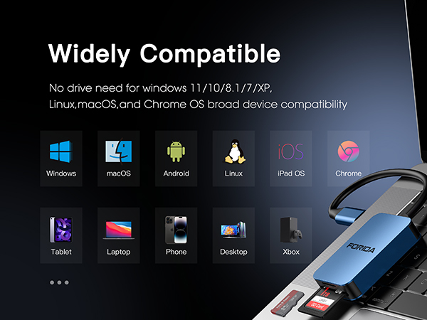 Text reads 'Widely Compatible', 'No drive need for windows 11/10/8.1/7/XP'. Display of operating system icons including Windows, Linux, MacOS with broad device compatibility information.
