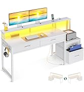 AODK Computer Desk with 4 Drawers, 55 Inch Reversible Desk with Led Lights &amp; Power Outlet, Office...
