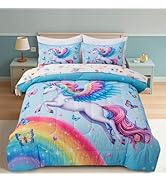 Btargot 5Pcs Light Blue Unicorn Bedding Set for Girls Kids,Twin Size Rainbow Butterfly Unicorn Co...
