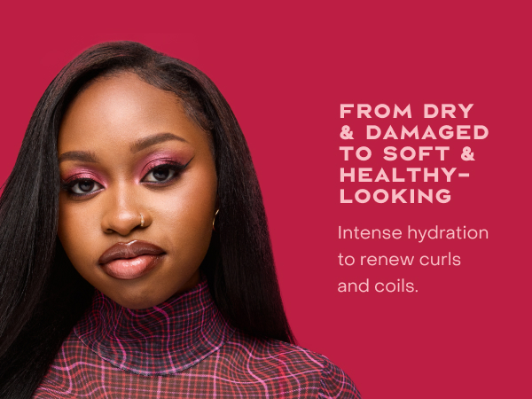 Woman with curled hair next to text highlighting benefits of nourishing hair.