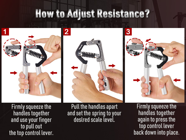 Text reads 'How to Adjust Resistance?'. Instructional diagram showing step-by-step process of adjusting resistance handles, with red arrows indicating movement direction.