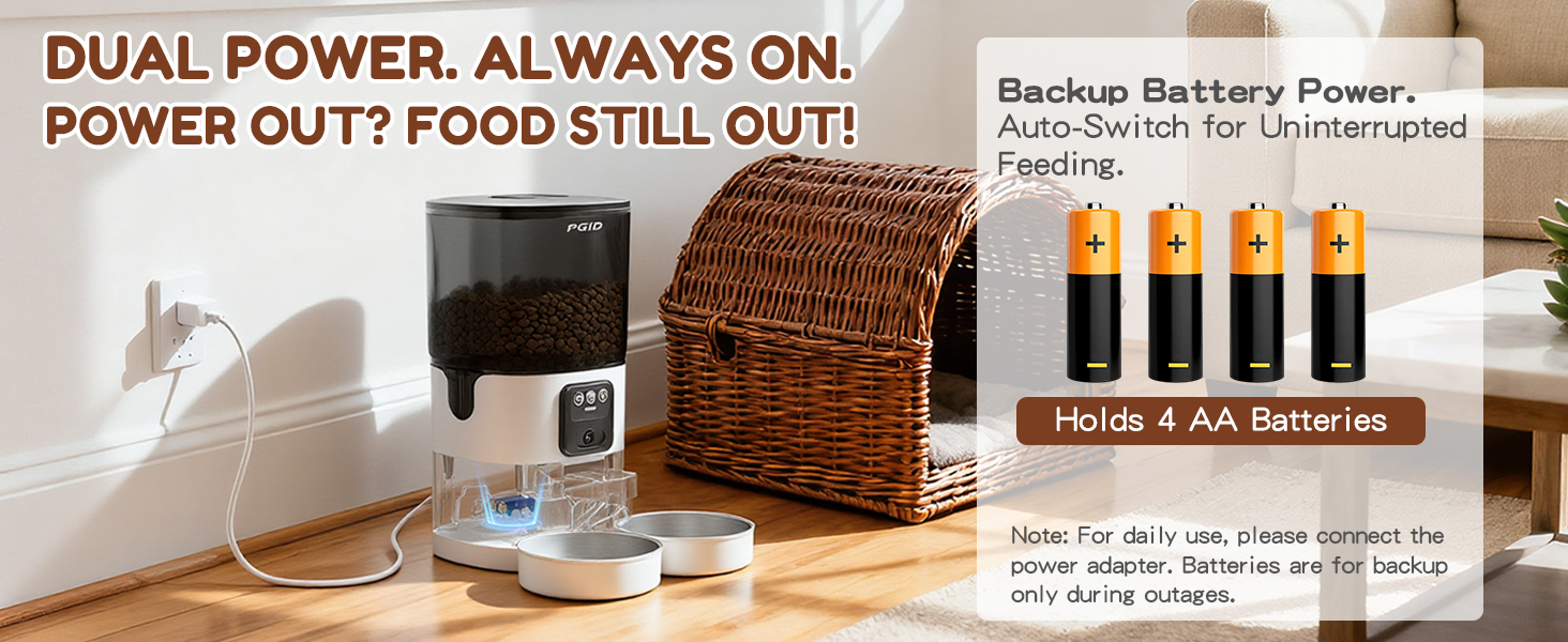 Pet feeder with battery backup for power outage protection.