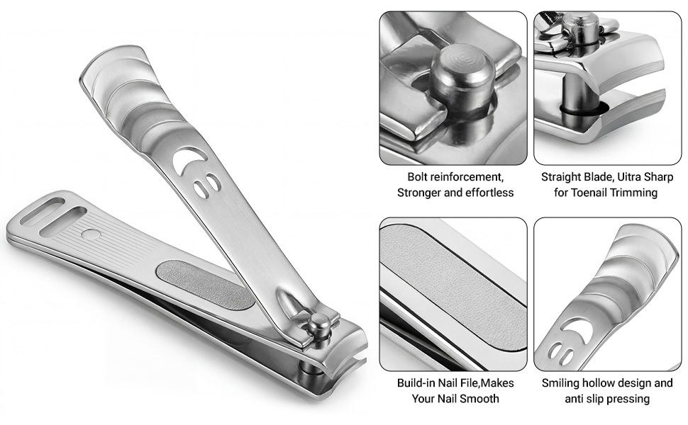 Nail clipper with sharp blades, built-in file, and anti-slip handle.