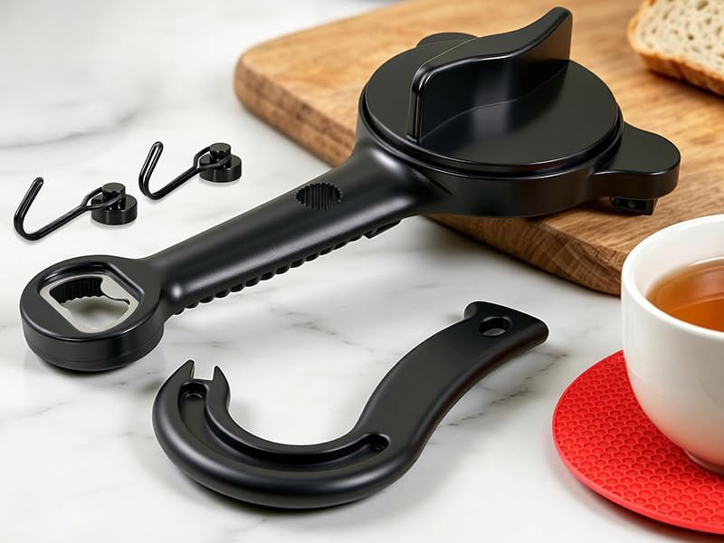 Complete 5-piece jar and can opener set for arthritis weak hands and manicured nail protection.
