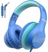 Over-ear headphones in blue and teal. Large padded earcups, adjustable headband. Wired connection with inline remote control. Brand name 'Ear Fun' visible on earcup.