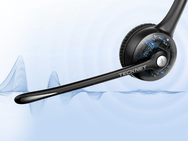 Wireless headset with a long microphone boom, showcasing its sleek black design against a light blue background with abstract shapes.