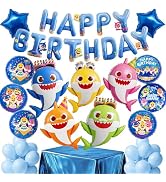 PartyWoo Baby Shark Family Foil Balloons 37pcs Baby Shark Family Blue Round Star Mylar Happy Birt...