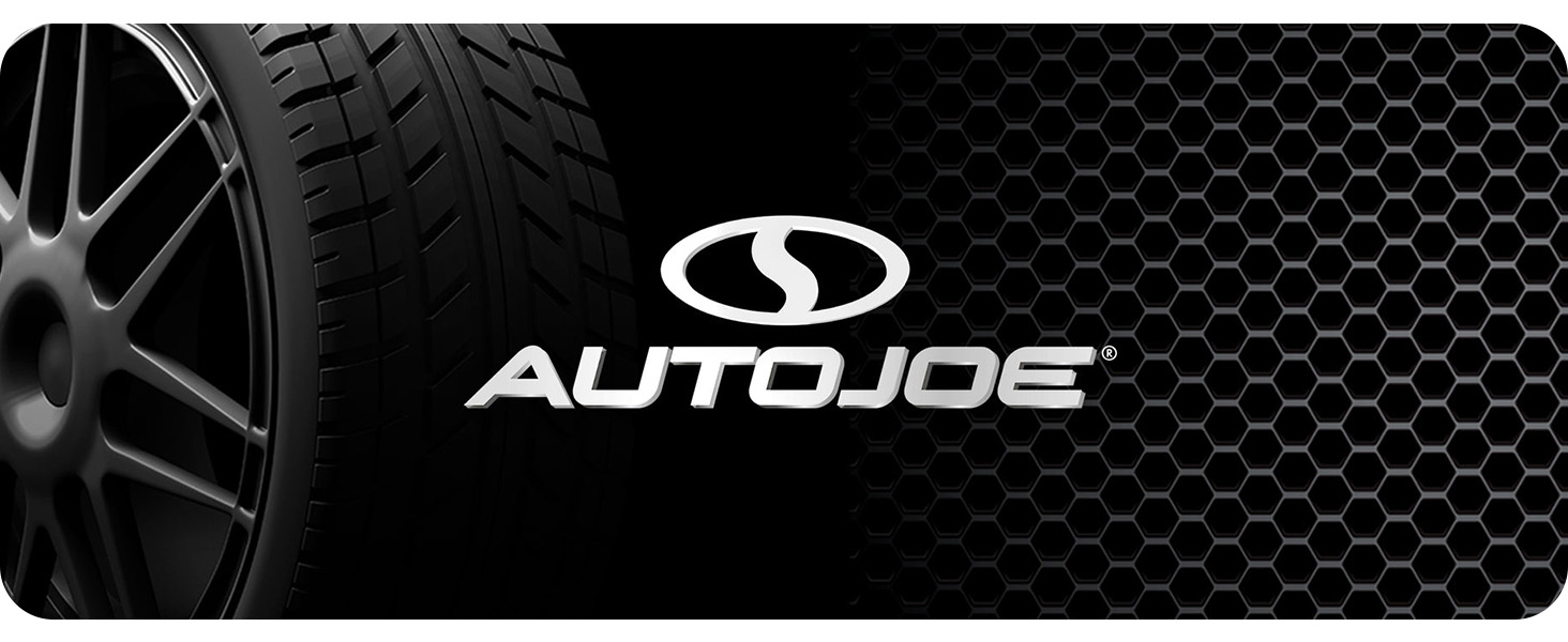 A black background and a tire with the AutoJoe company logo. Text reads: AutoJoe.