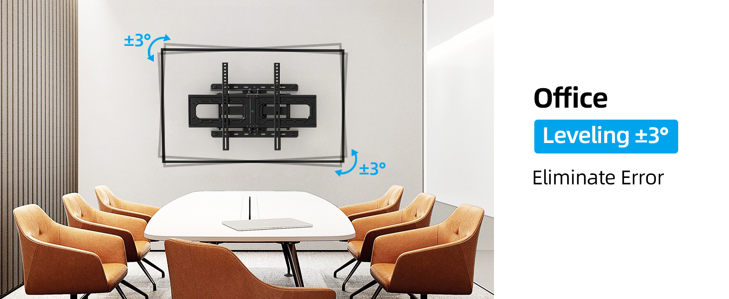 Office meeting room with round table and brown chairs. Wall-mounted TV bracket shown with 'Office Leveling ±3°' text. 'Eliminate Error' caption visible.