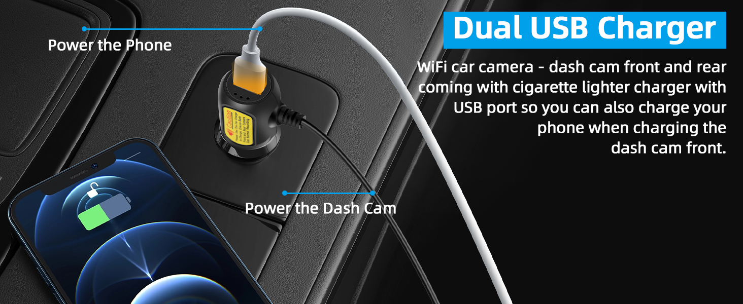 Diagram of a dual USB charger for car use, showing connections for powering a phone and a dash cam simultaneously via cigarette lighter port.