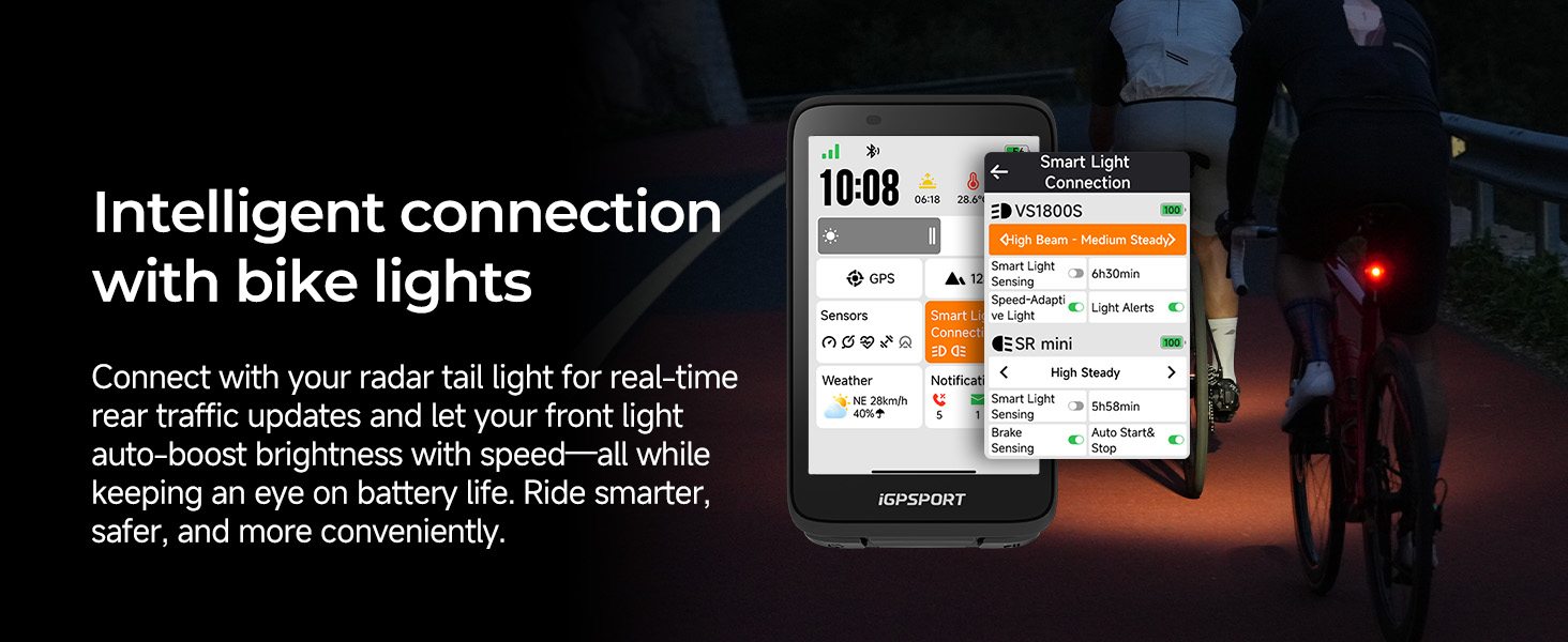 Smartphone displaying bike light app interface next to illuminated bicycle rear light. App shows real-time traffic updates and light control, emphasizing intelligent connection for safety and convenience.