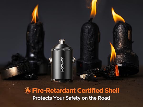 joyroom fast car charger with fire-retardant certified shell, protects your safety on the road