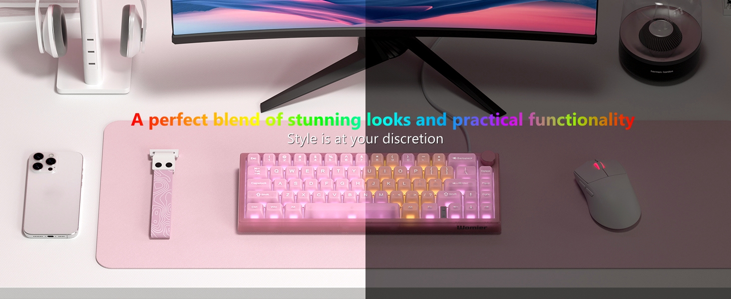 Womier 60% Gaming Keyboard Pink Transparent Jade, QMK/VIA Creamy Mechanical Keyboard