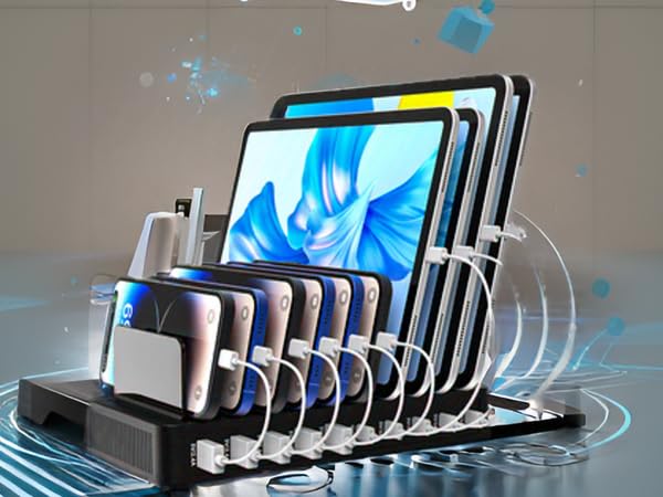 A sleek and modern charging station with multiple ports, neatly organized on a minimalist wooden sur