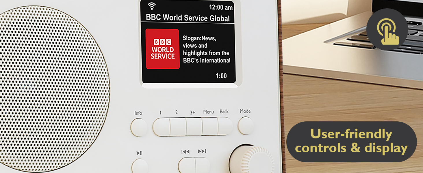 Text reads 'User-friendly controls &amp; display'. Close-up of white digital device interface showing basic control buttons and display screen.