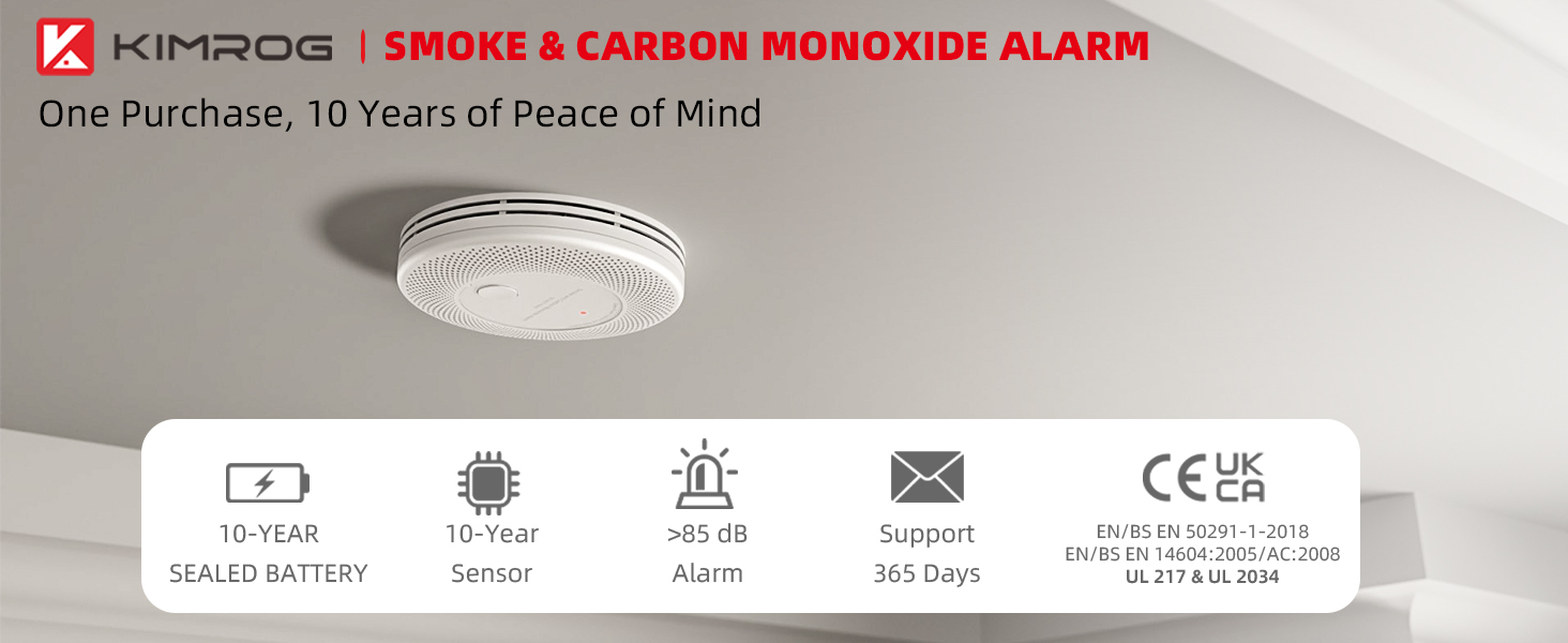 KIMROG smoke and CO alarm: 10-year battery, CO display, loud alarm, year-round support.
