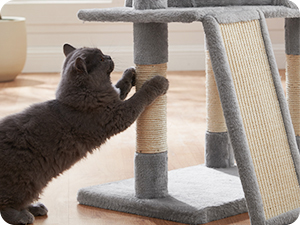 Cat scratching post or climbing structure in grey color, with a dark-colored cat interacting with the product.