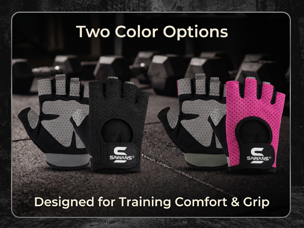 Text reads 'Two Color Options' and 'Designed for Training Comfort &amp; Grip'. Black and hot pink/magenta fingerless training gloves with padded palm shown in two color variants.