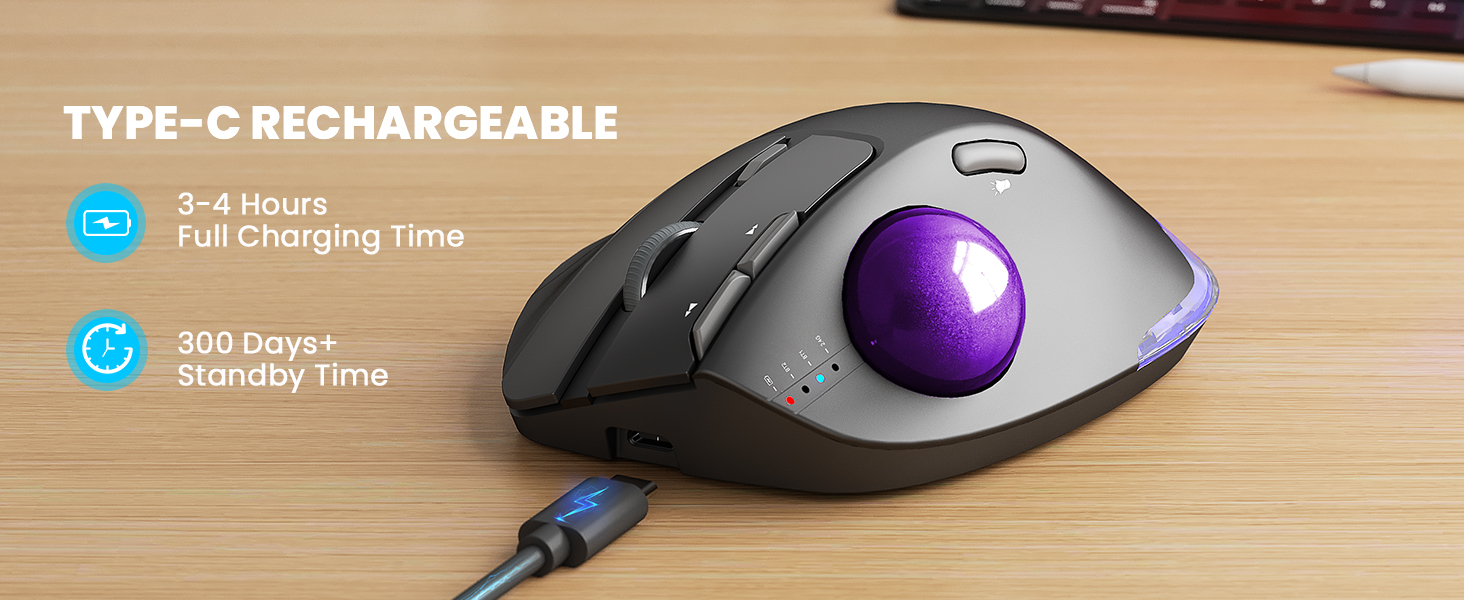 Wireless Trackball Mouse, Ergonomic Bluetooth Rechargeable Computer Mouse-Purple Ball