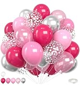 Pink and Silver Balloons,12 Inch Hot Pink Pearl Maca Pink Silver and Confetti Balloons with Ribbo...