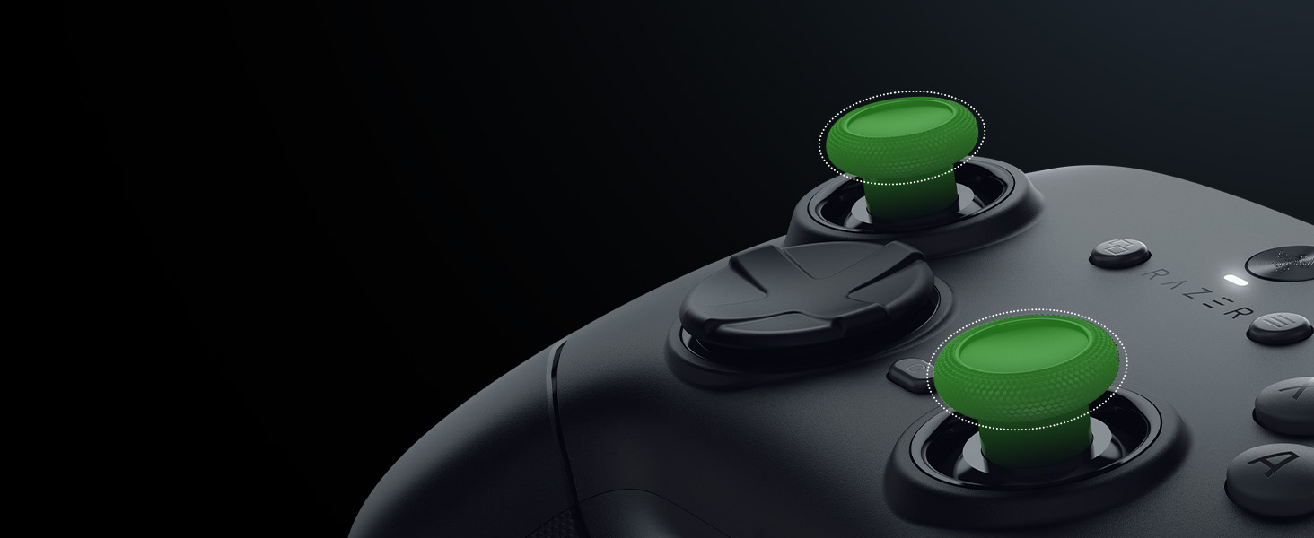 Laser-sharp aim with anti-drift TMR sticks. Swap between short-domed or tall-concaved caps.