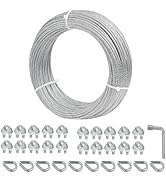 hannger Galvanized Steel Wire Rope Cable, 1/8” Galvanized Steel Cable with Rope Clamp and Thimble...