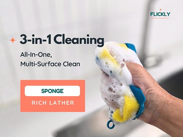 3-in-1 silicone scrubber sponge creating rich lather for multi-surface cleaning
