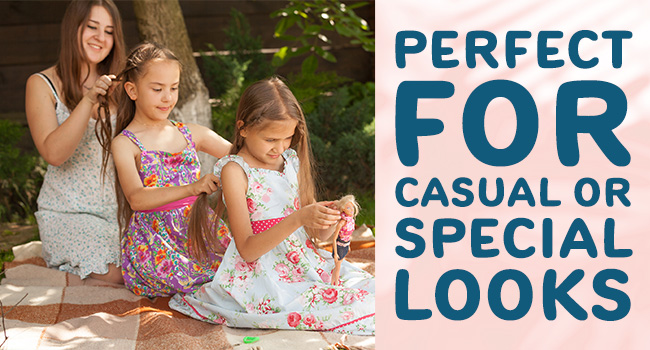 Text reads 'PERFECT FOR CASUAL OR SPECIAL LOOKS'. Outdoor setting showing a picnic or craft activity in progress.