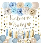 Amandir Dusty Blue Boy Baby Shower Decorations Welcome Baby Banner, Cake Topper, Paper Lantern, L...