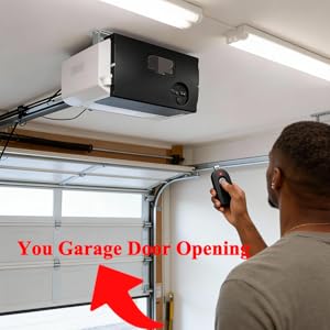 A red arrow points to the garage door opening, confirming successful remote programming.