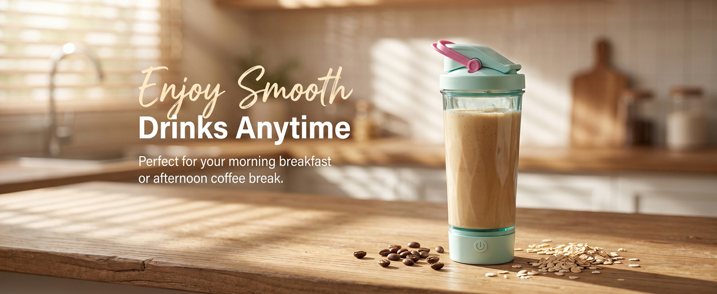 Electric shaker bottle with creamy drink on kitchen counter for breakfast or coffee breaks.
